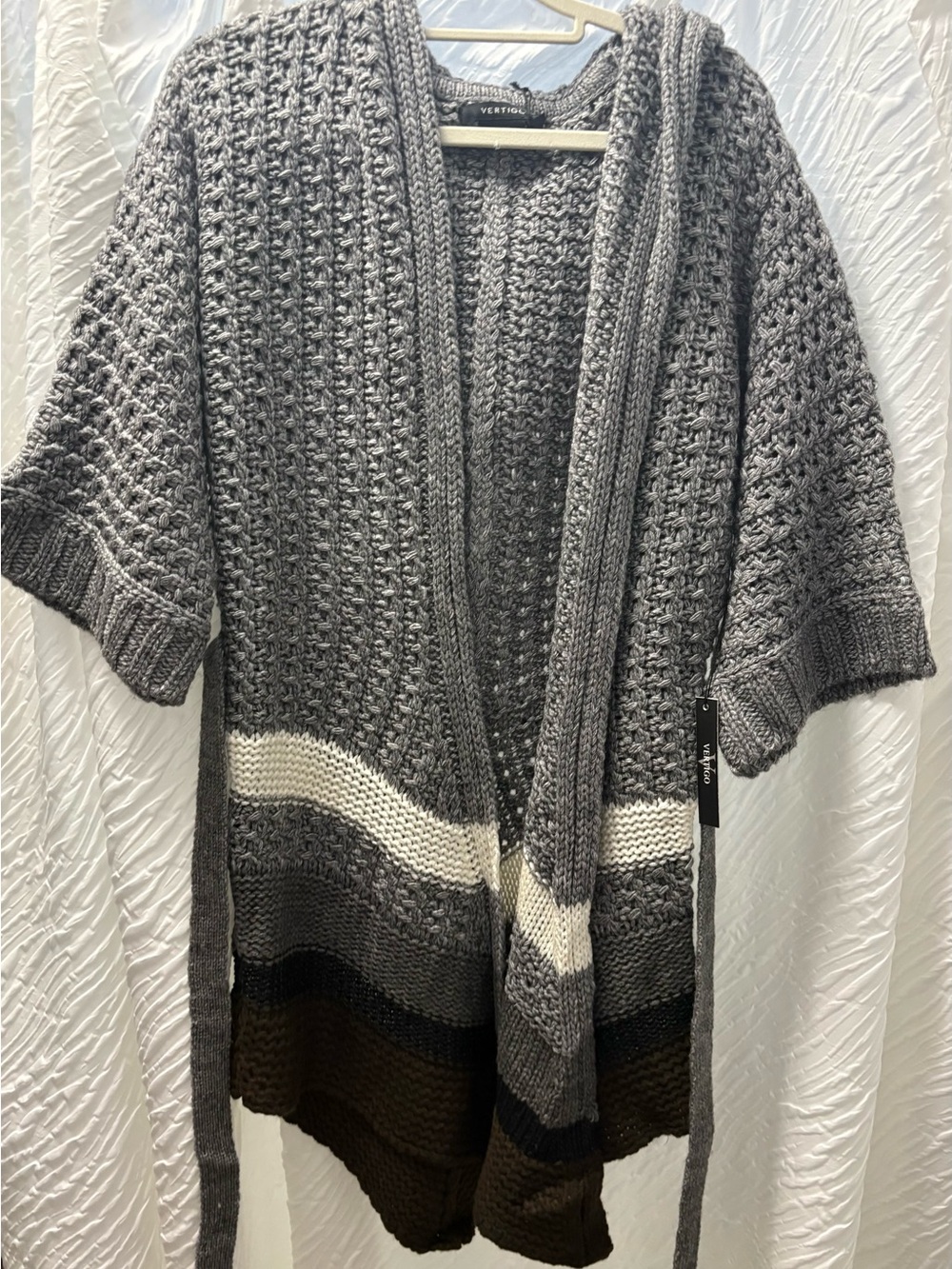 Vertigo Paris Gray and Cream Textured Open Knit Cardigan with Stripes
